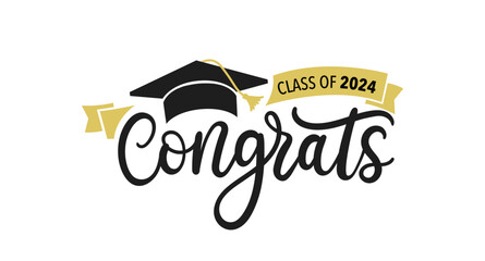 Congratulations graduates vector illustration. Class of 2024 trendy design template with graduation cap and lettering isolated on white background. Grad ceremony hand drawn typography concept.