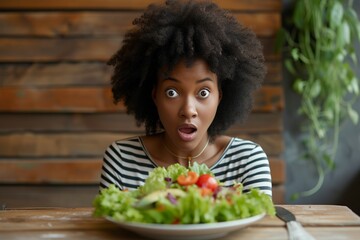 african woman with a surprised expression in front of the plate of