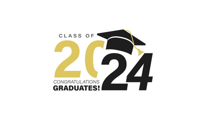 Class of 2024 graduation typography template. Congratulations graduates celebration design for college, high school, university. Tassel and cap vector illustration. Educational milestone graphic art.