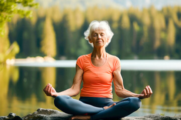 Fototapeta na wymiar senior woman in sportswear meditating in front of a lake