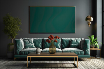 Envision a modern setting with a dark green sofa and matching table against an empty blank frame, providing a sleek backdrop for personalized text.