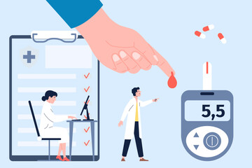 Diabetes, glucose blood test with doctors. Scientist and laboratory research, doctor and giant hand of patient with red drop. Vector healthcare concept