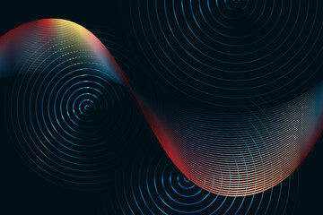 Colorful wavy lines and circles on dark background - 728005599