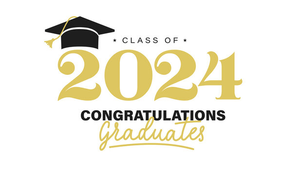 Class of 2024 graduation typography template. Congratulations graduates celebration design for college, high school, university. Tassel and cap vector illustration. Educational milestone graphic art.