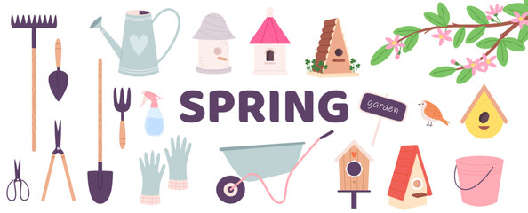 Gardening elements. Springtime, summer garden tools and equipment. Blossom branch with flowers and bird, wooden birdhouses, vector clipart