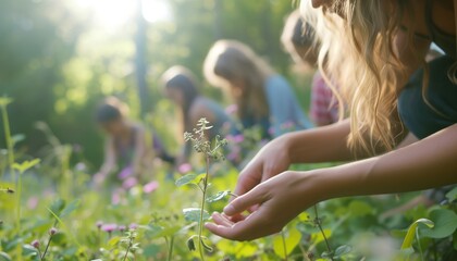 Children Engaged in Outdoor Botanical Education, Exploring Wildflowers