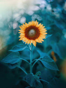 Close up of a single yellow sunflower against aqua colored background filled with bokeh bubbles. Soft, blurred background with warm light in the corner