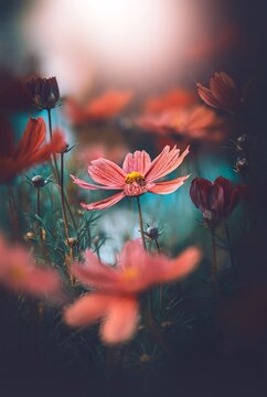 Close-up of a single cosmos flower with red petals. Dreamy light with bokeh bubbles in the background and out of focus in the foreground. Magical summer meadow scenery
