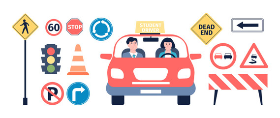 Traffic road signs. Driving school elements, young drive female student in car with instructor. Rules symbols, traffic light and renovation sign, vector set