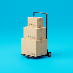 A trolley with a stack of cardboard transport boxes isolated on a blue background. Delivery or shipment of goods. 3d render