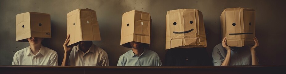 Expressive Encounters: Five Individuals don Paper Bags in a Danish Design-inspired Stop-Motion Animation - obrazy, fototapety, plakaty