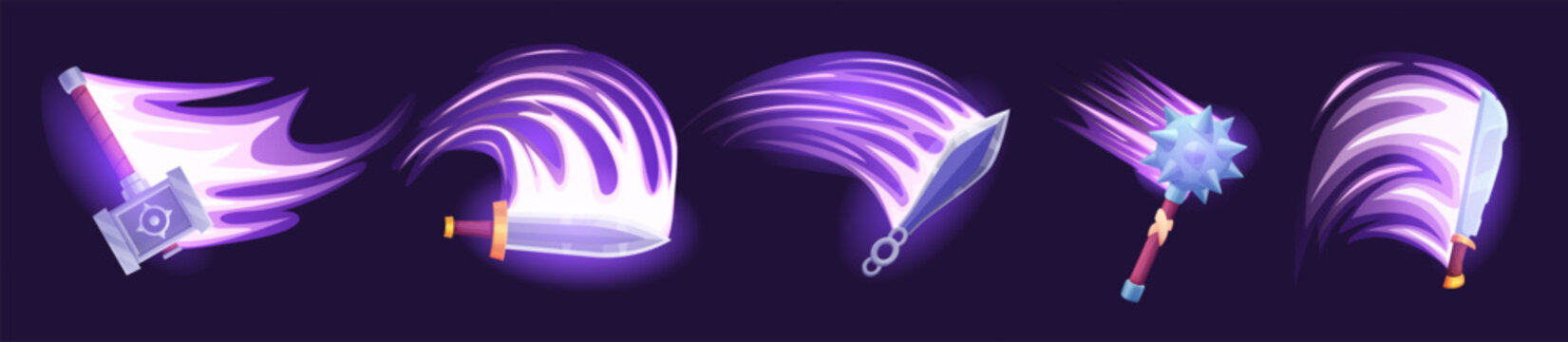 Medieval weapon attack effect. Swords and hammer with hit light effects. Game weapons in action, flash motions and punch nowaday vector set