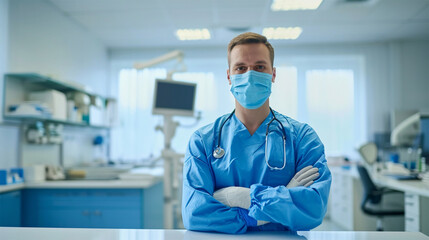 Male doctor in scrubs and mask in clinic.