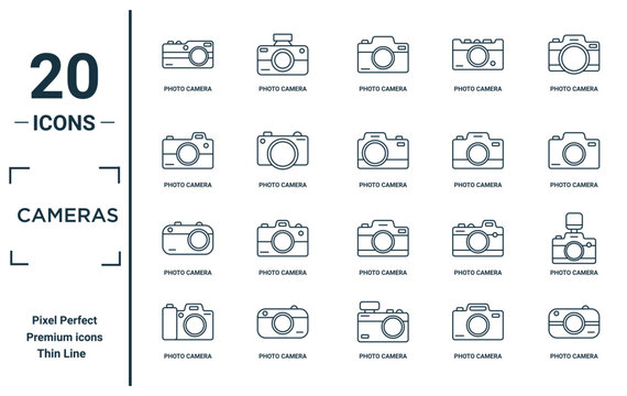 cameras linear icon set. includes thin line photo camera, photo camera, photo camera, icons for report, presentation, diagram, web design