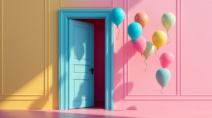 Sunlit Pink wall with Colorful Balloons and Door. Creative concept - obrazy, fototapety, plakaty