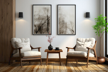 Step into a serene space adorned with white and dark brown chairs against a blank canvas. 