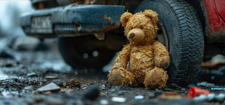  A dirty bear left behind on muddy ground by a car's tire