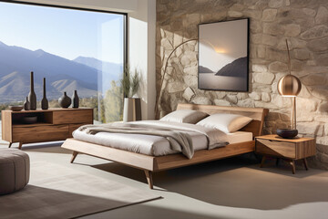 Visualize the calming ambiance of a Scandinavian-inspired bedroom with a wood bed featuring pristine white bedding. 