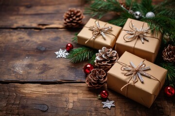 Naklejka premium Christmas gifts with copy space on a wooden table 