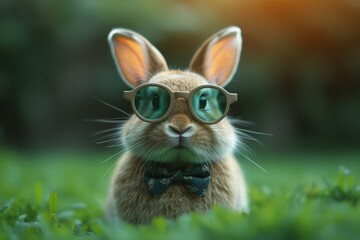 Obraz premium A dapper domestic rabbit confidently roams the lush green field, its glasses and bow tie adding a touch of sophistication to its wild, yet charming, appearance