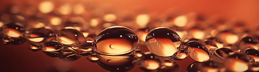 Gardinen panoramic background of sparkling water drops on a warm orange background, background with a ratio size of 32:9 © Helfin