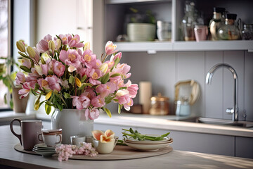 Spring interior of a modern kitchen with bouquets of flowers - spring time, spring mood