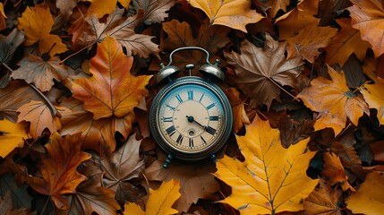 Vintage timepiece nestled among autumn leaves depicting the passage of time