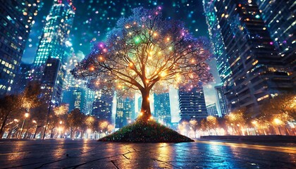 tree of life, a symbol of hope things will get better in the world, in an urban cityscape with twinkling bright lights. mental, physical, spiritual health