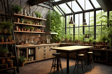 Fototapeta premium The interior of the loft-style kitchen with lots of green potted plants. Green house, modern kitchen