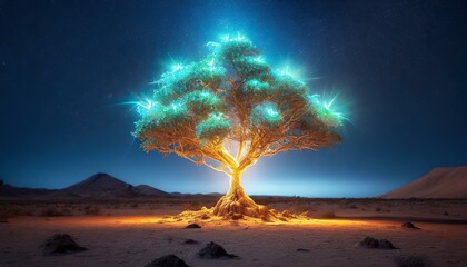 tree of life, a symbol of hope things will get better in the world, in the Middle Eastern desert at night with glowing peaceful, serene moonlight foliage. mental, physical, spiritual health - obrazy, fototapety, plakaty