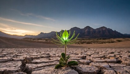 A glowing green seed rests peacefully among a baron sandy wasteland, signalling hope for the environment and recovery from pollution to promote eco friendly sustainability and reduced carbon emissions
