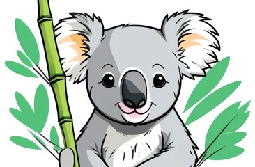 Koala chews bamboo on a white background, viewed from afar