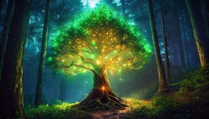 tree of life, a symbol of hope things will get better in the world, in a dark forest with twinkling lights in the foliage.  mental, physical, spiritual health