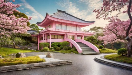 Fototapeta premium Pink concept image of modern architecture in the style of old oriental, asian and Japanese buildings surrounded by traditional Japanese garden with trees, sakura, blossom, concrete path and wood