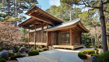 wooden concept image of modern architecture in the style of old oriental, asian and Japanese buildings surrounded by traditional Japanese garden with trees, sakura, blossom, concrete path and wood