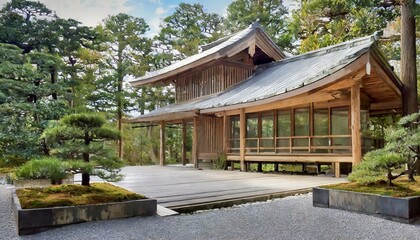 Fototapeta premium wooden concept image of modern architecture in the style of old oriental, asian and Japanese buildings surrounded by traditional Japanese garden with trees, sakura, blossom, concrete path and wood