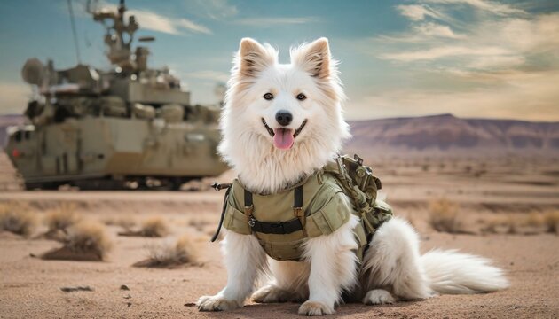 Portrait of Dog in green military uniform, sitting and looking at camera with desert background mountains and hills and tanks. Funny cute dog picture celebrating animals and the army