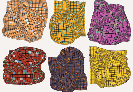 Set of Colored Geometric 3D computer modeled wire frame futuristic objects