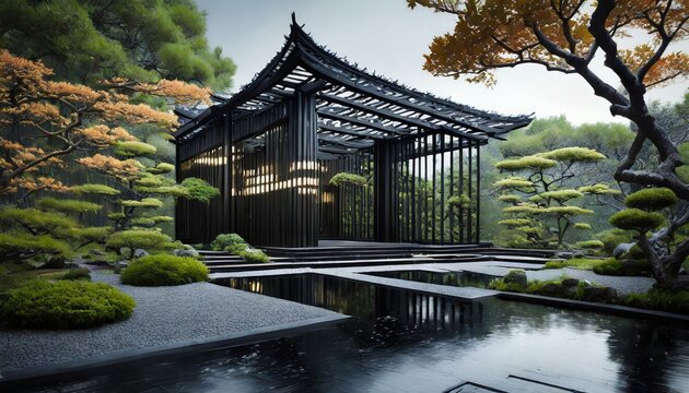 Black concept image of modern architecture in the style of old oriental, asian and Japanese buildings surrounded by traditional Japanese garden with trees, sakura, blossom, concrete path and wood