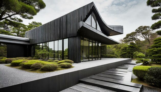 Black concept image of modern architecture in the style of old oriental, asian and Japanese buildings surrounded by traditional Japanese garden with trees, sakura, blossom, concrete path and wood
