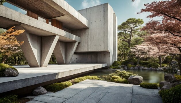 Concrete concept image of modern architecture in the style of old oriental, asian and Japanese buildings surrounded by traditional Japanese garden with trees, sakura, blossom, concrete path and wood
