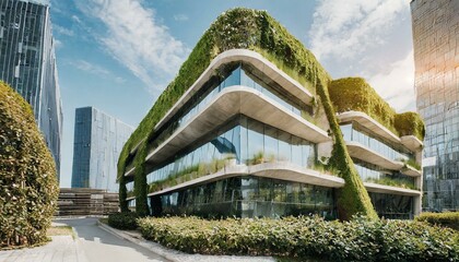 Concept image of what plant based architecture could look like with grass and flowers on a building constructed using recycled materials and an eco friendly garden. Promoting sustainability