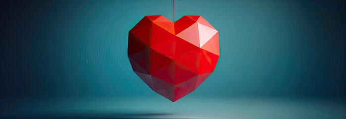 Modern Polygonal metal heart with diamond facets on a blue background. Romantic background for Valentine's Day, banner.
