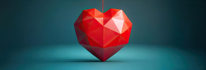 Modern Polygonal metal heart with diamond facets on a blue background. Romantic background for Valentine's Day, banner.