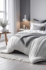 Fototapeta na wymiar Cozy interior of a modern bedroom in the style hygge - white and gray colors, cozy knitted bedspread, plaid, minimalism, potted plant