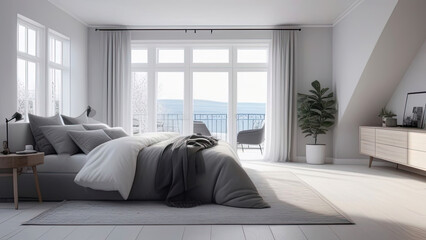 Cozy interior of a modern bedroom in the style hygge - white and gray colors, cozy knitted bedspread, plaid, minimalism, potted plant