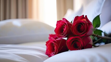 A bouquet of red roses lies on a white bed in a bright bedroom. A gift for your beloved,...
