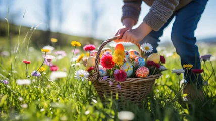 Fototapeten Child holding basket of colorful Easter eggs in sunny garden, eggs hunting © dvoevnore