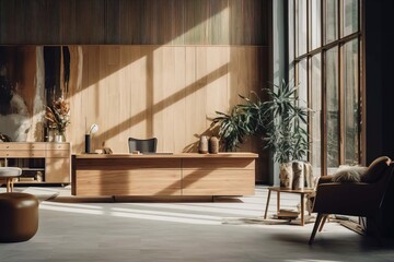 modern stylish fashionable office for working with wooden interior trendy furniture in beige shades