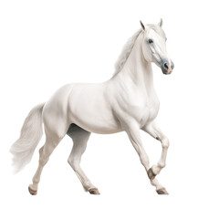 Celestial Grace: White Horse in epic Pose isolated on transparent and white background. Ideal for use in advertising. Generative ai